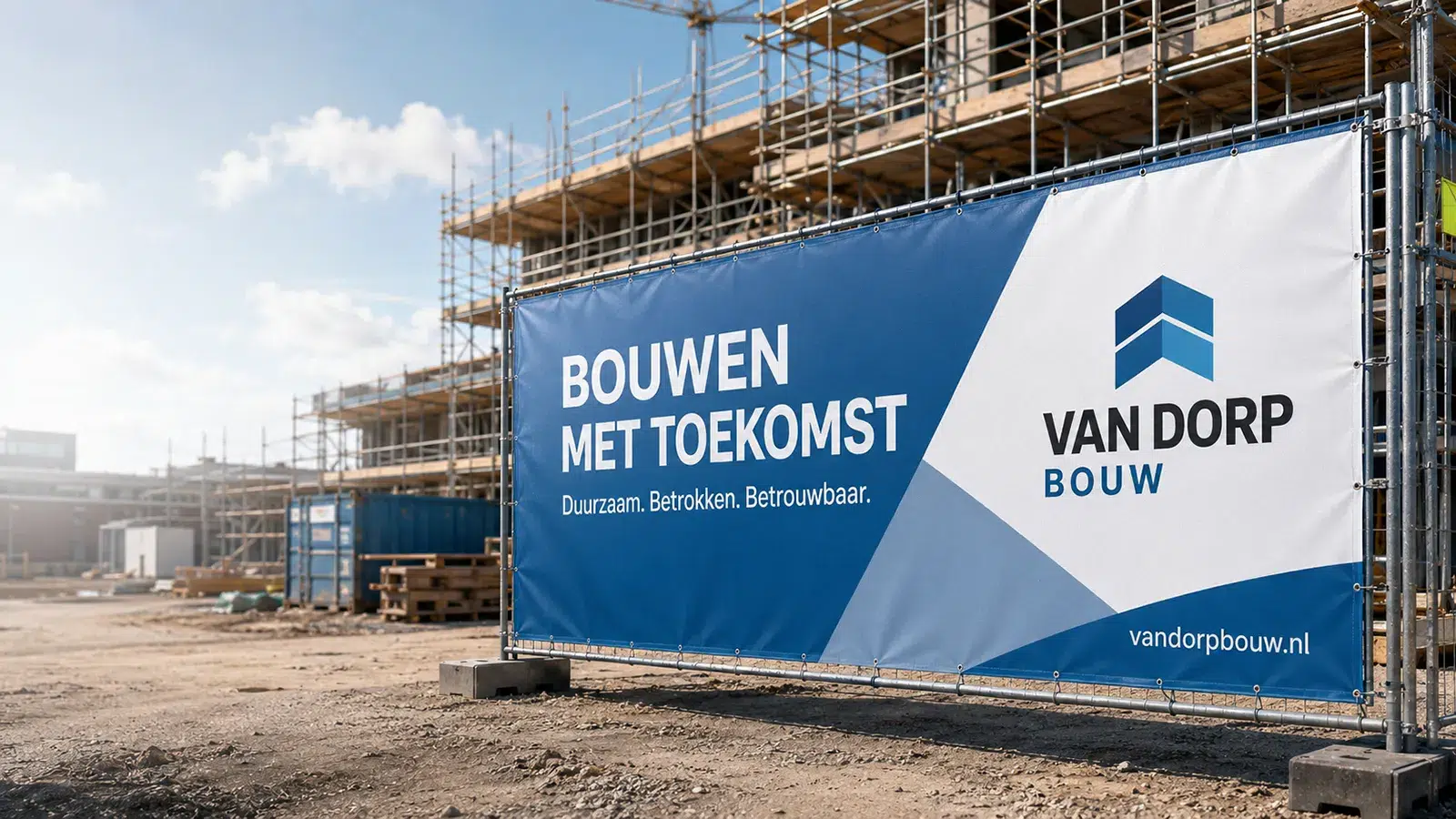 Bedrukt bouwhekdoek op een bouwplaats