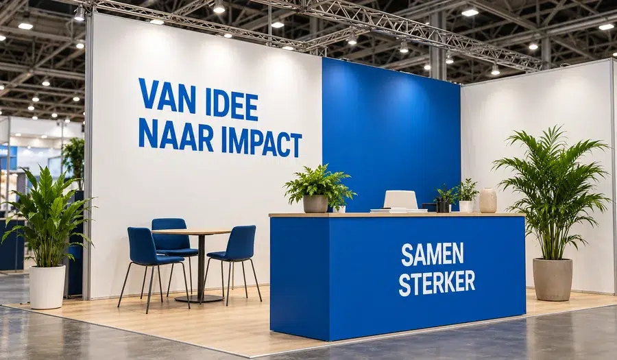 Voorbeeld van een beursstand met bedrukte wand en balie