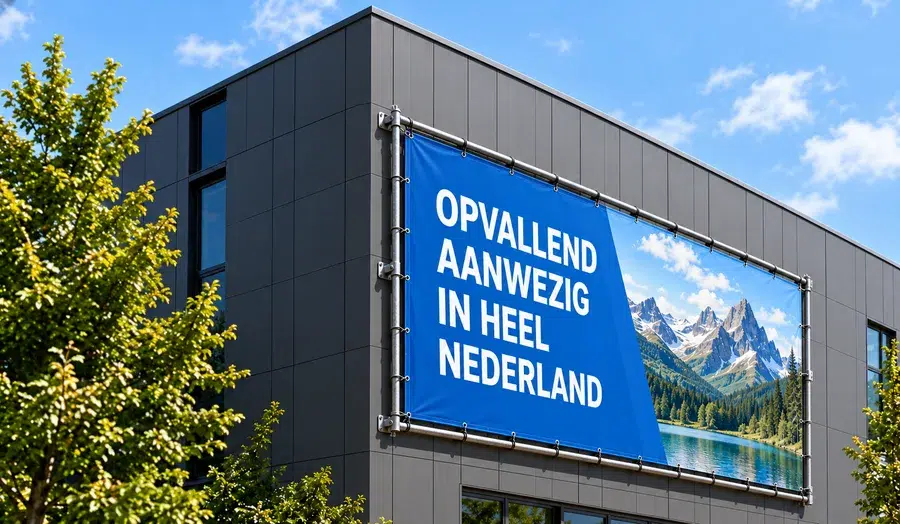 Voorbeeld van een spandoek in een frame aan een bedrijfspand